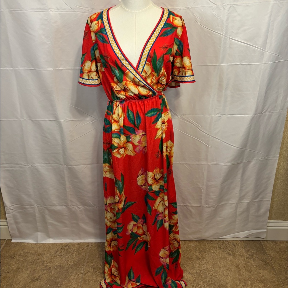 Flying Tomato Red Tropical Floral Maxi‎ Dress Wrap Style Size Small